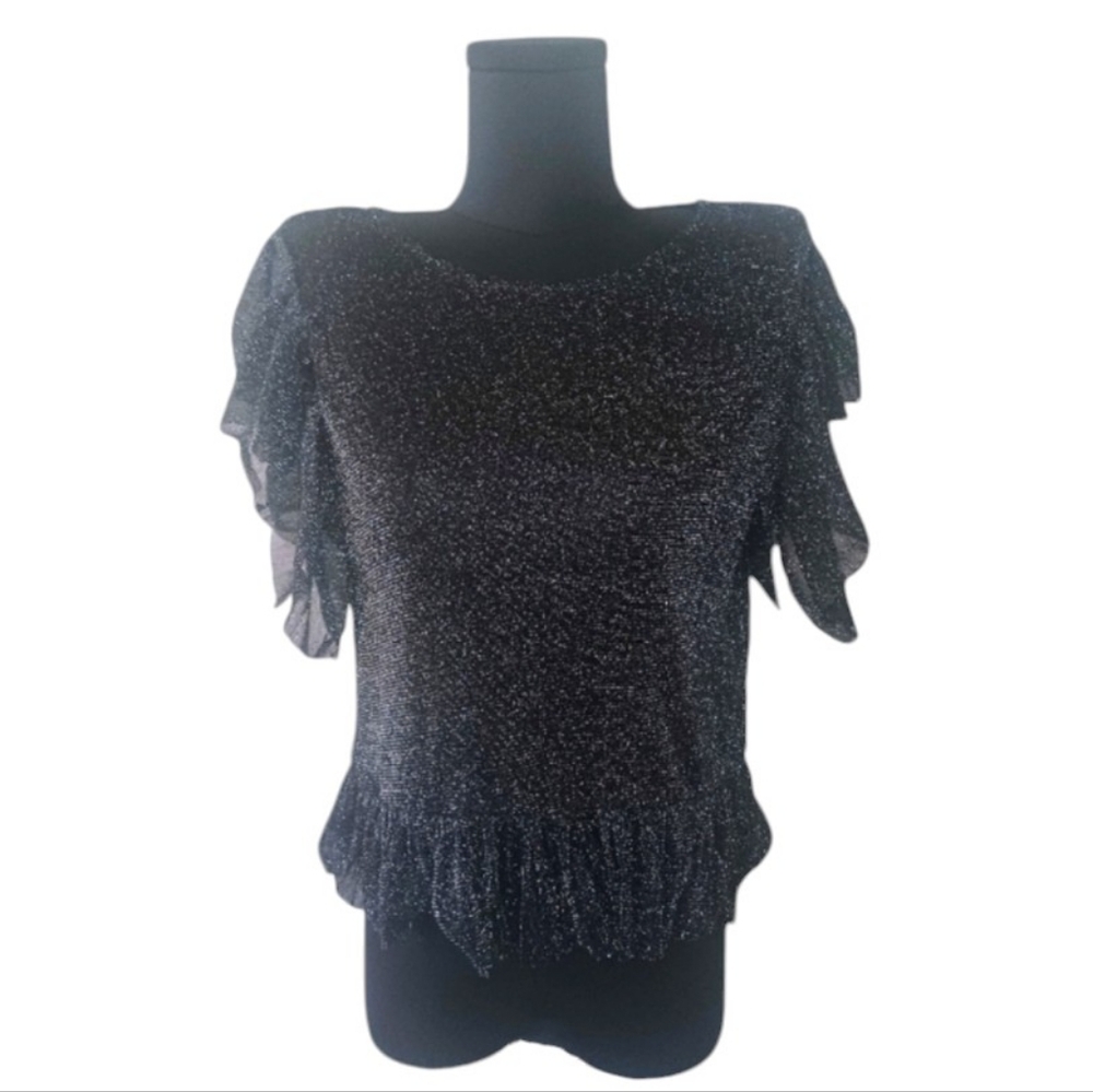 5/$25 TIMING Black and Metallic Mesh Ruffle Sheer Top